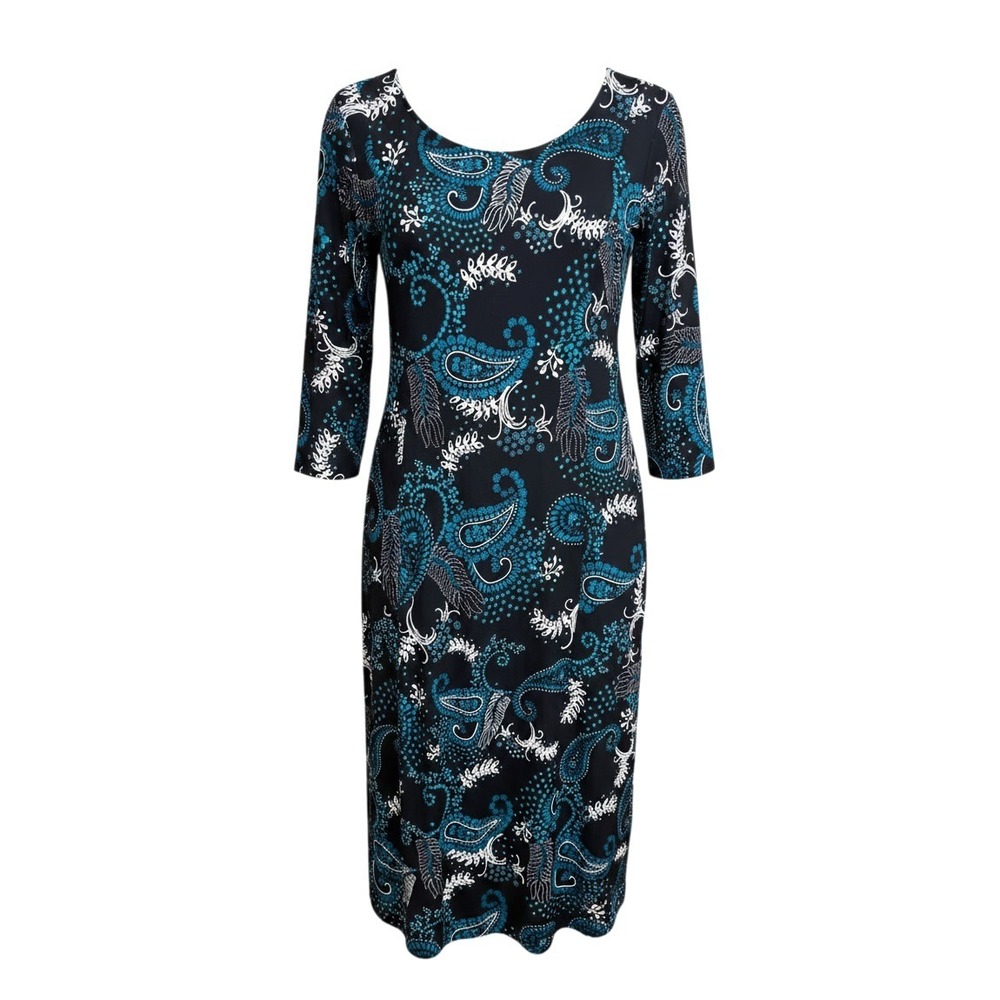 Nina Leonard Womens XL Black Teal Paisley Floral 3/4 Sleeve Sheath Midi Dress